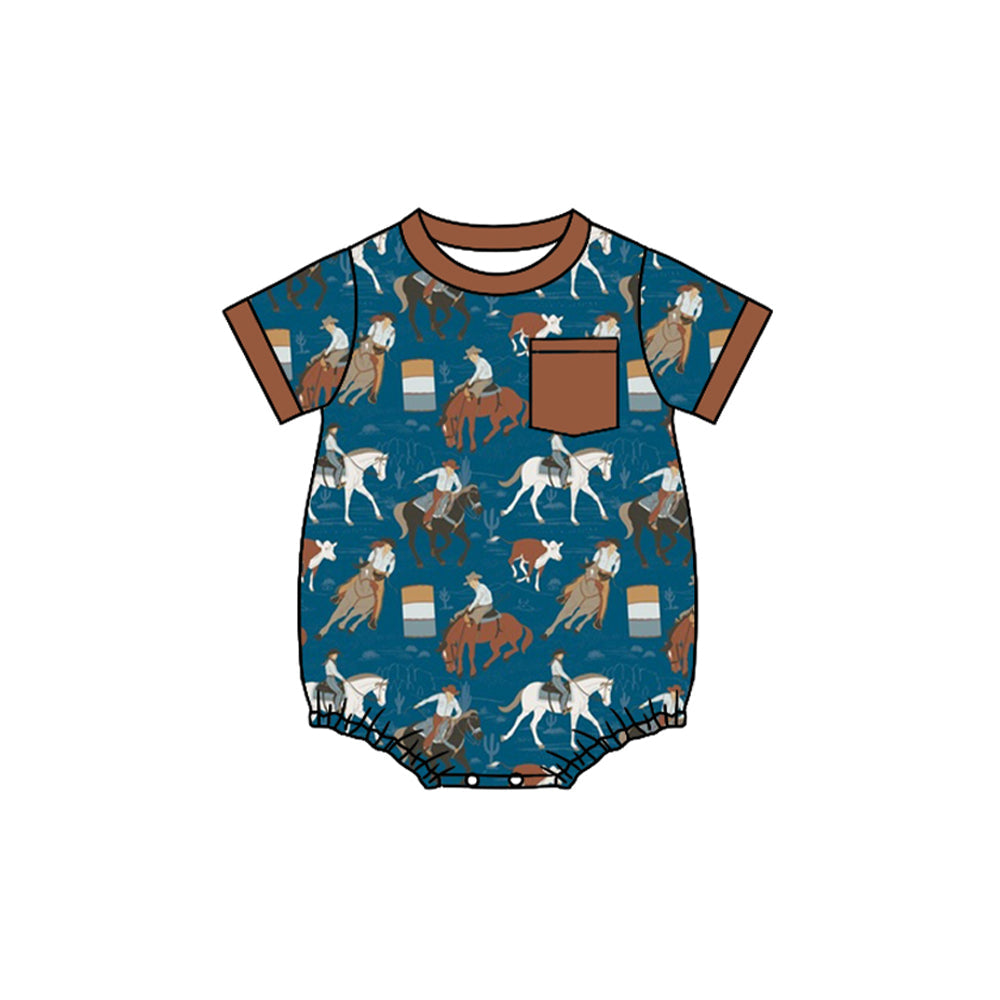 Brown pocket short sleeves horse rodeo baby boy romper