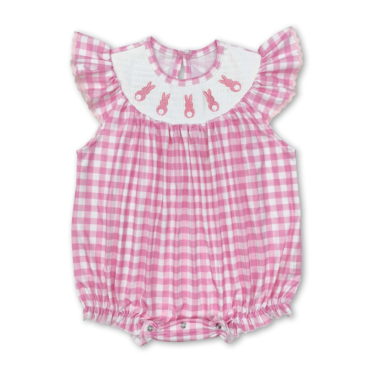Pink plaid bunny smocked baby girls Easter romper