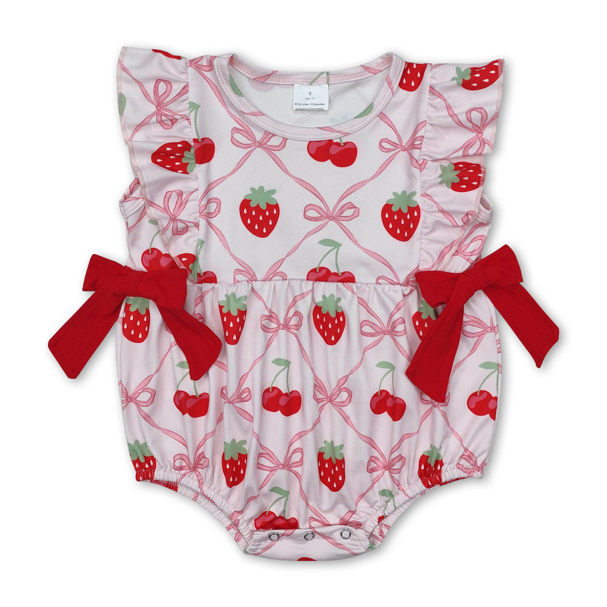 Ruffle pink bow strawberry cherry baby girls romper