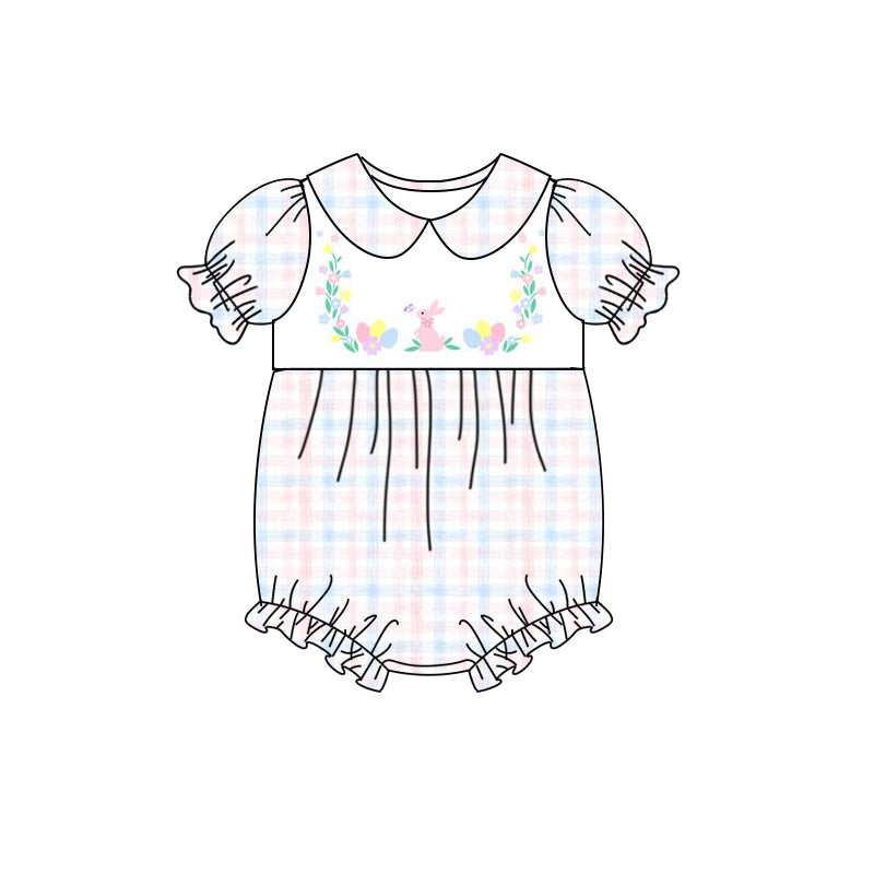 Short sleeves plaid bunny floral baby girls Easter romper