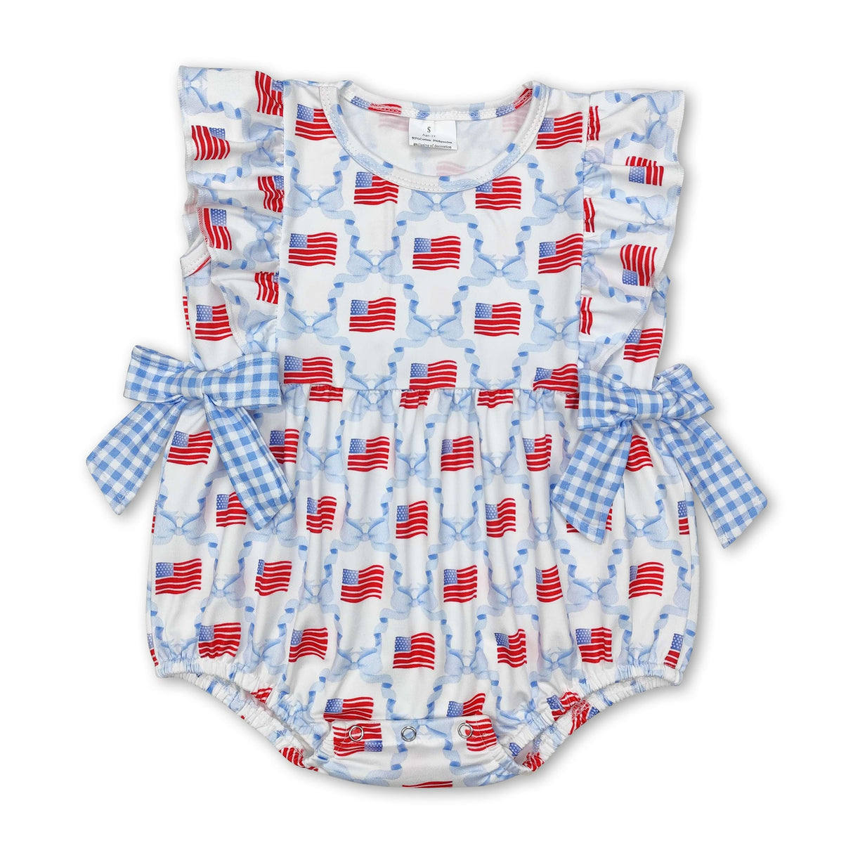 Plaid light blue bow flag baby girls 4th of july romper