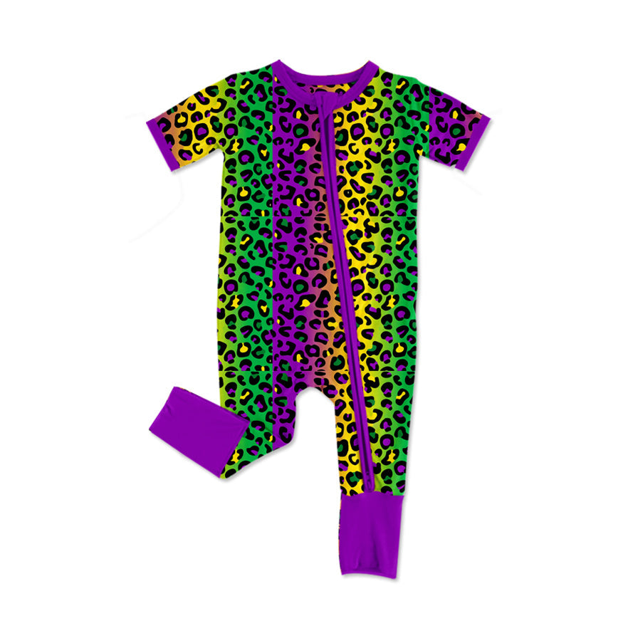 Short sleeves leopard baby kids Mardi Gras zipper romper