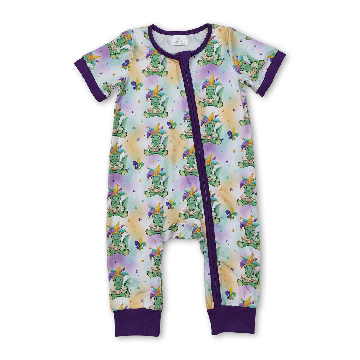 Short sleeves alligator baby kids Mardi Gras zipper romper