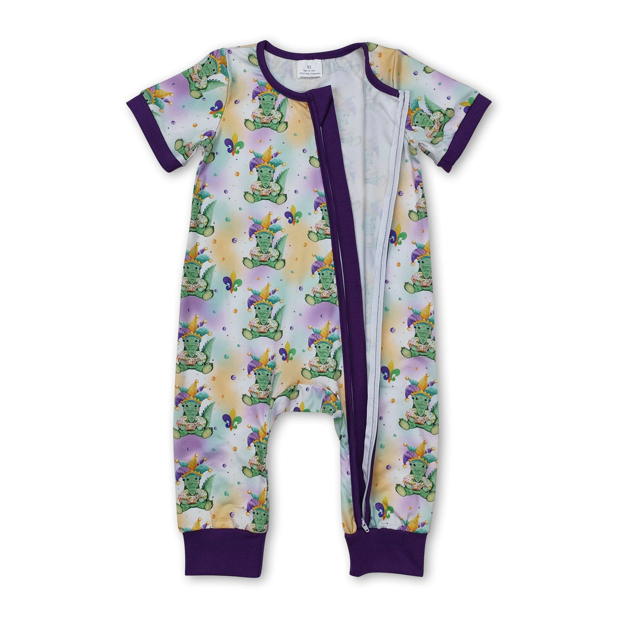 Short sleeves alligator baby kids Mardi Gras zipper romper