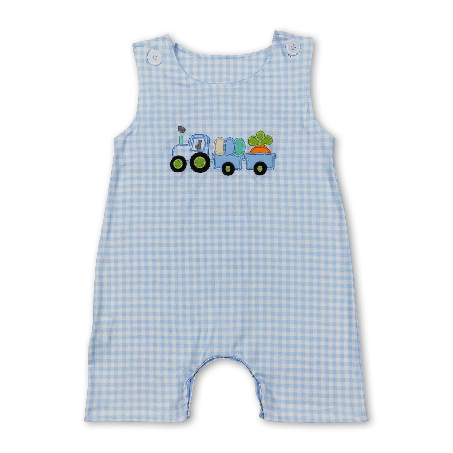 Sleeveless plaid eggs tractor baby boy Easter romper
