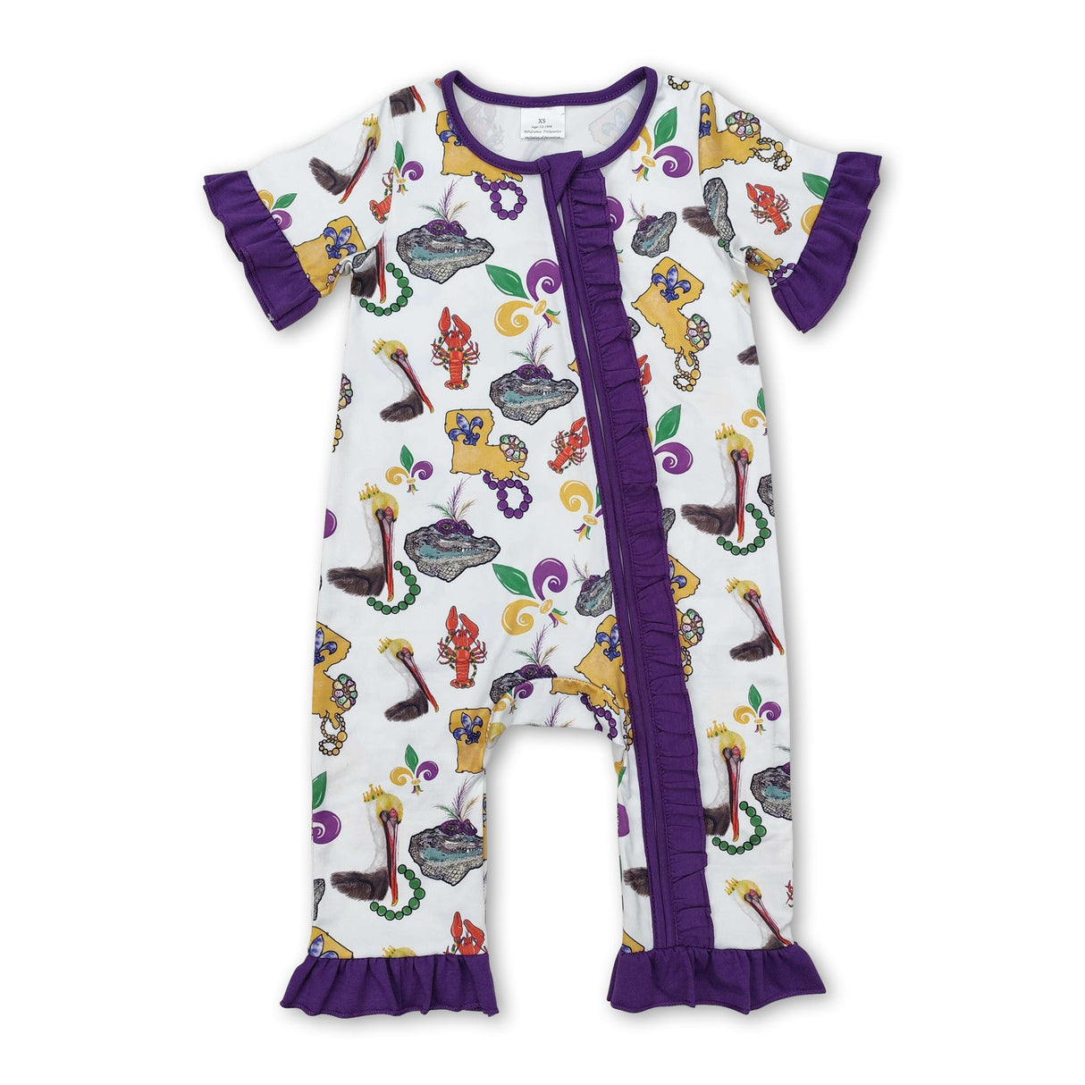 Purple ruffle pelican baby Mardi Gras zipper romper