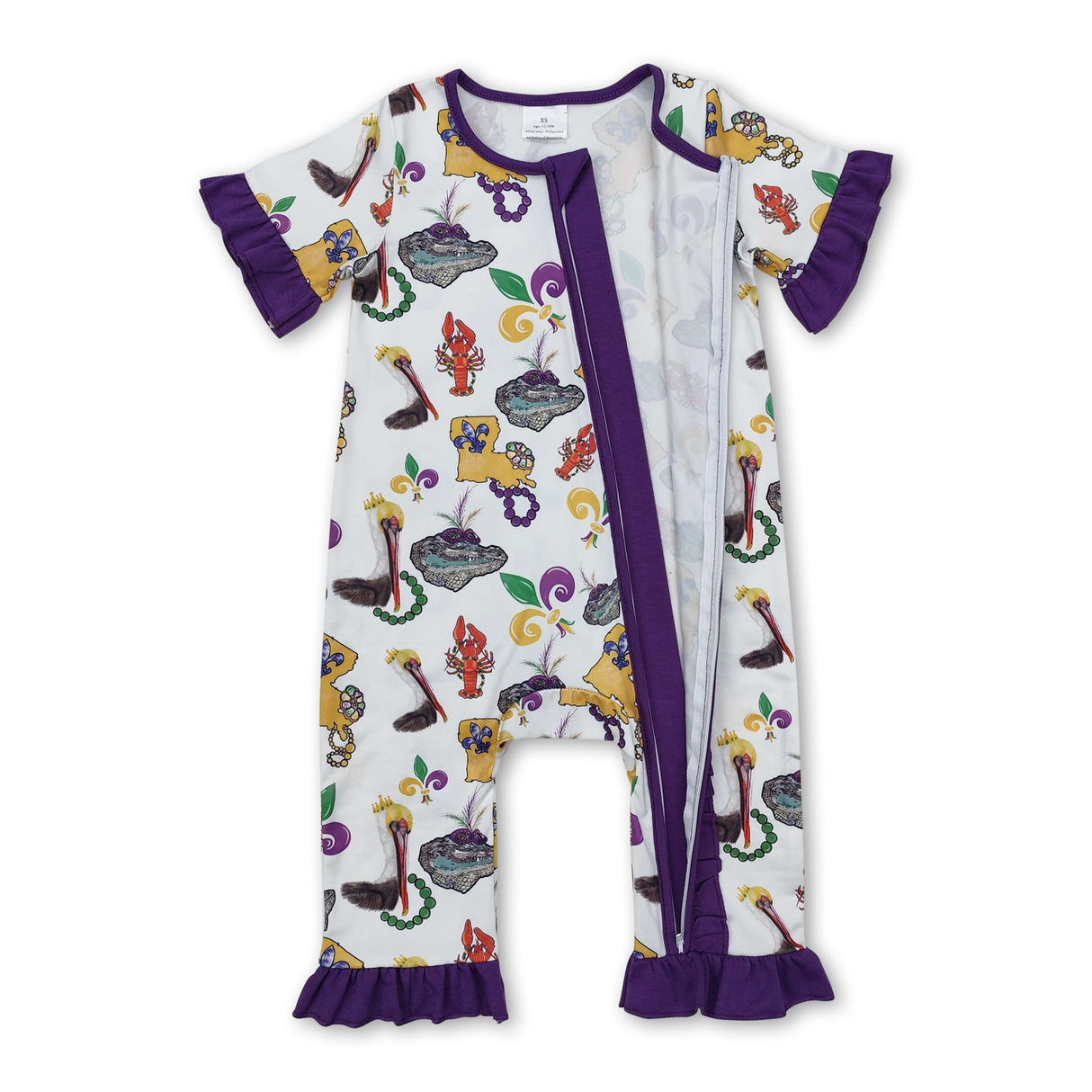 Purple ruffle pelican baby Mardi Gras zipper romper