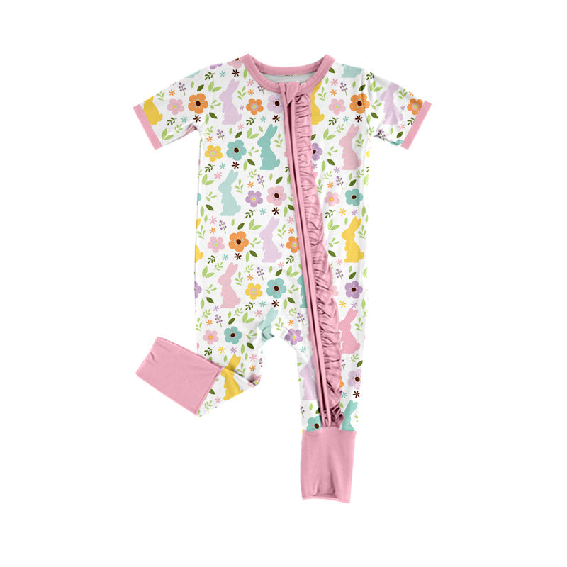 Short sleeves floral bunny baby girls Easter zipper romper