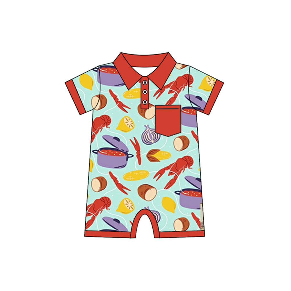 Short sleeves pocket crawfish lemon baby boy polo romper