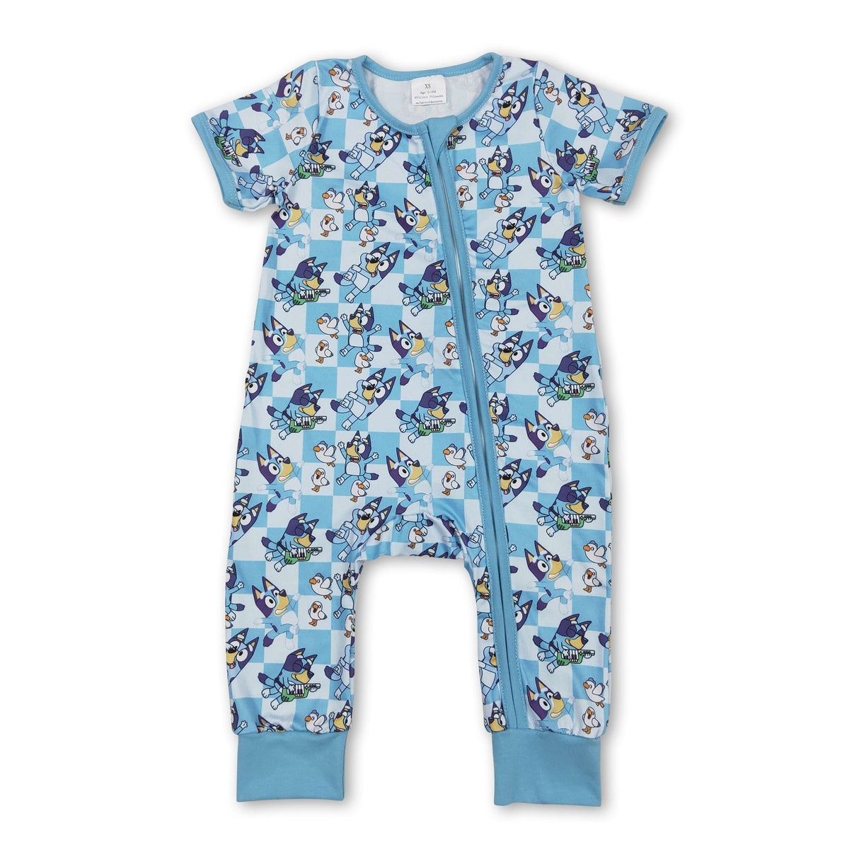 Blue short sleeves plaid dog baby kids zipper romper