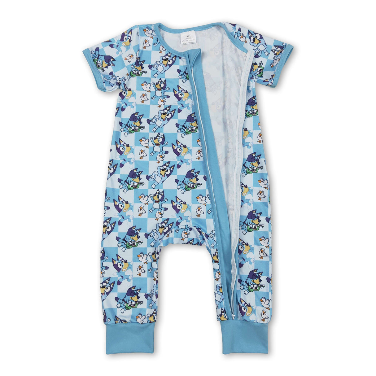 Blue short sleeves plaid dog baby kids zipper romper