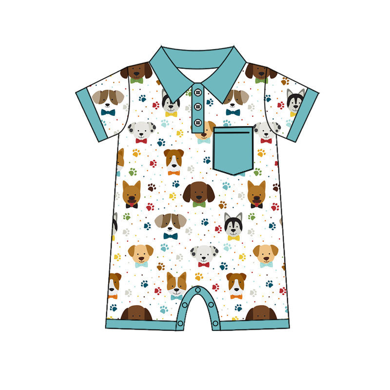 Light blue short sleeves dog pocket baby boy polo romper