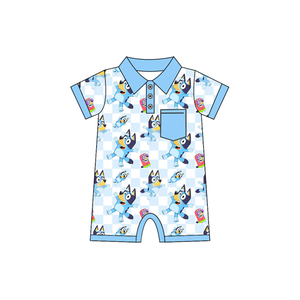 Blue short sleeves dog plaid baby boy polo romper