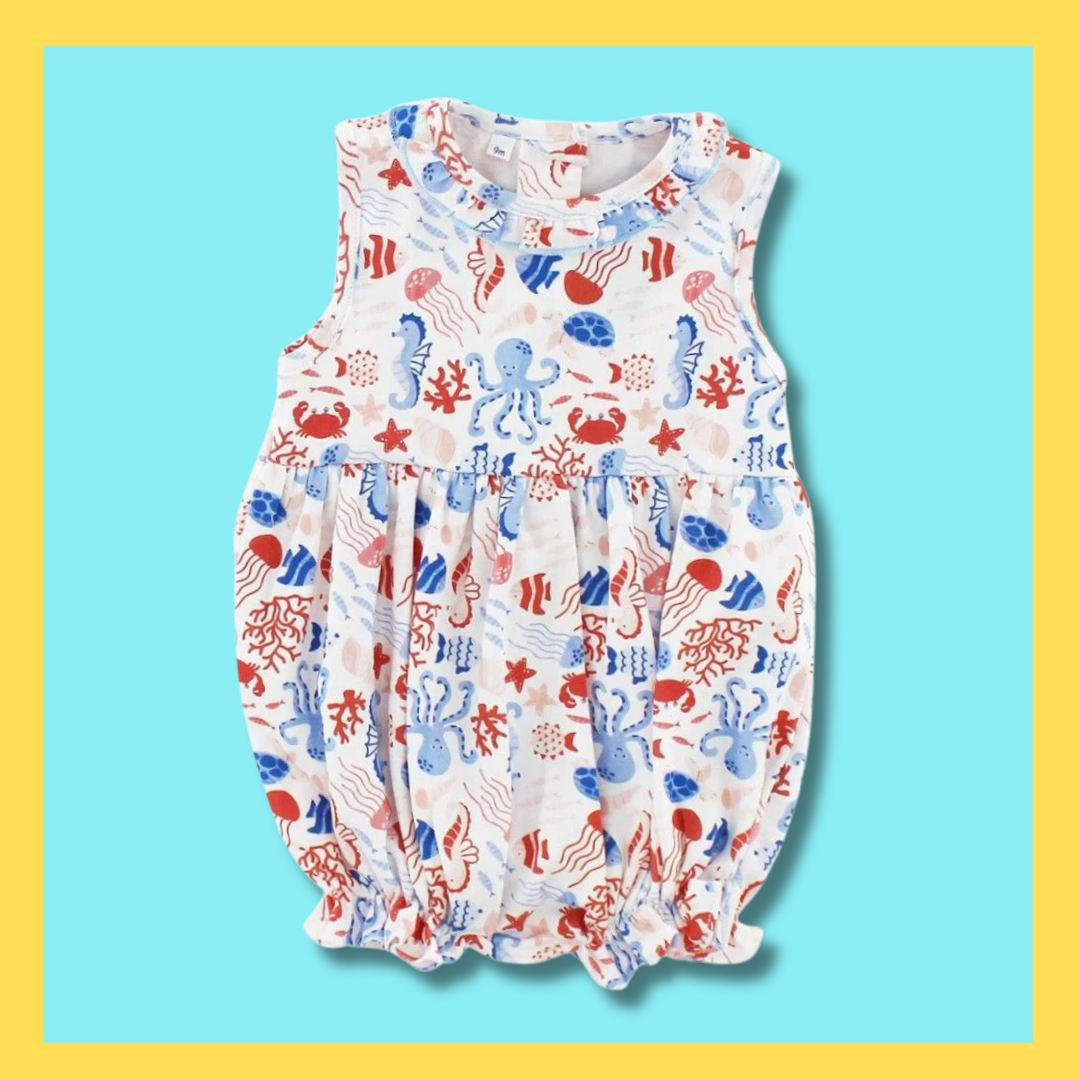 Sleeveless seahorse crab octopus girls 4th of july romper