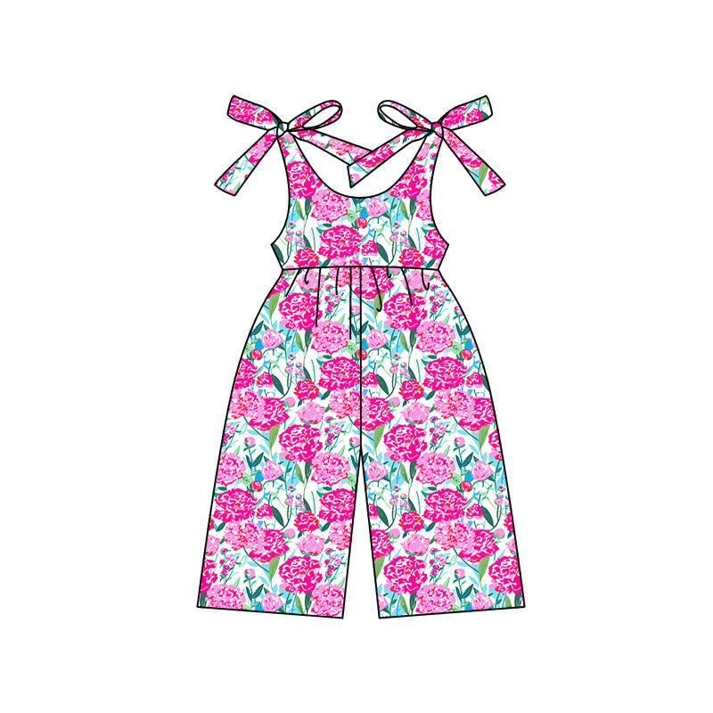 Straps pink floral kids girls spring summer jumpsuit