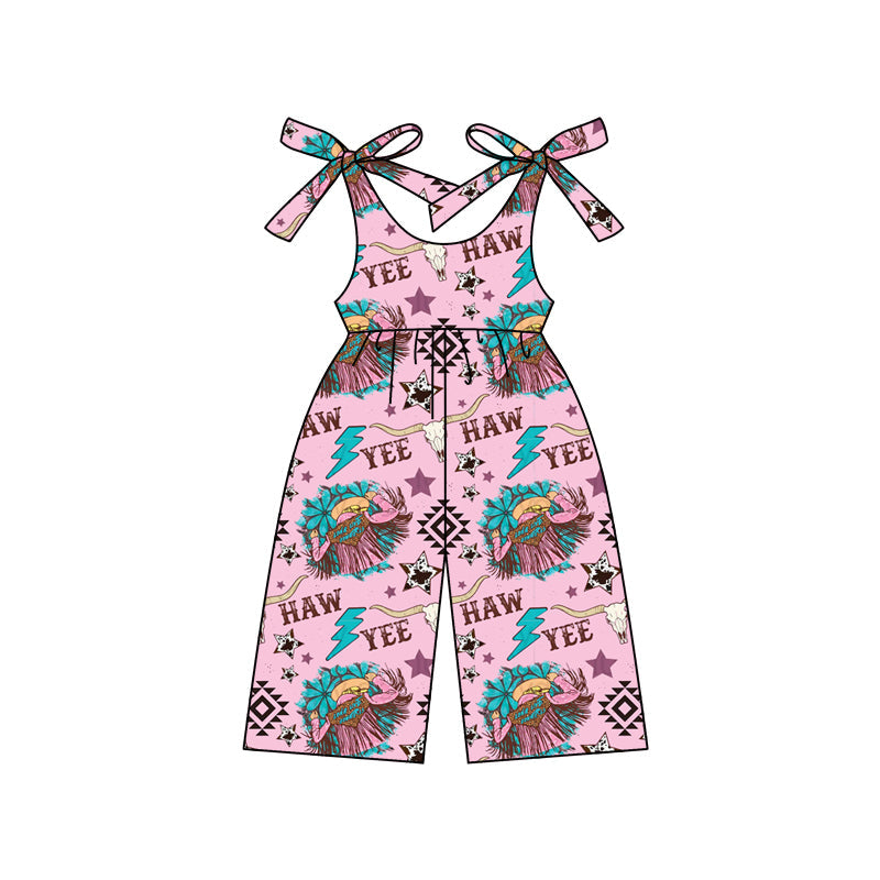 Straps pink bull skull stars western girls jumpsuit
