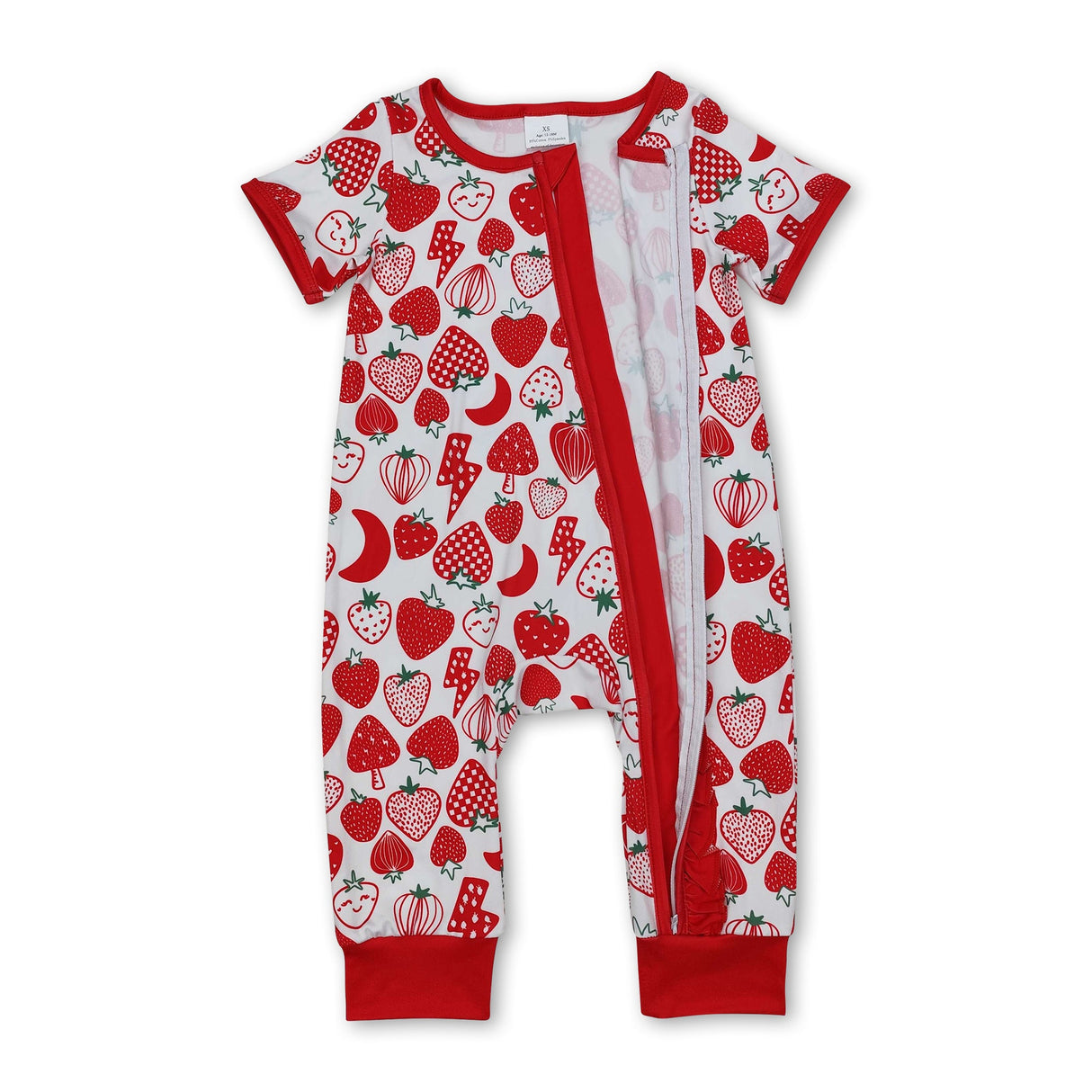 Short sleeves strawberry baby girls zipper romper