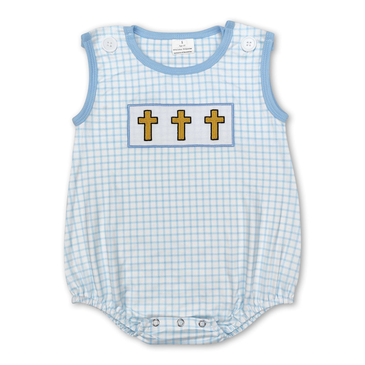 Sleeveless light blue plaid cross baby boy Easter romper