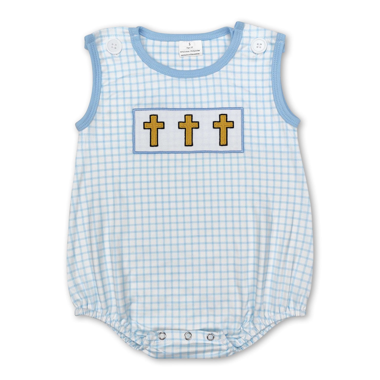 Sleeveless light blue plaid cross baby boy Easter romper