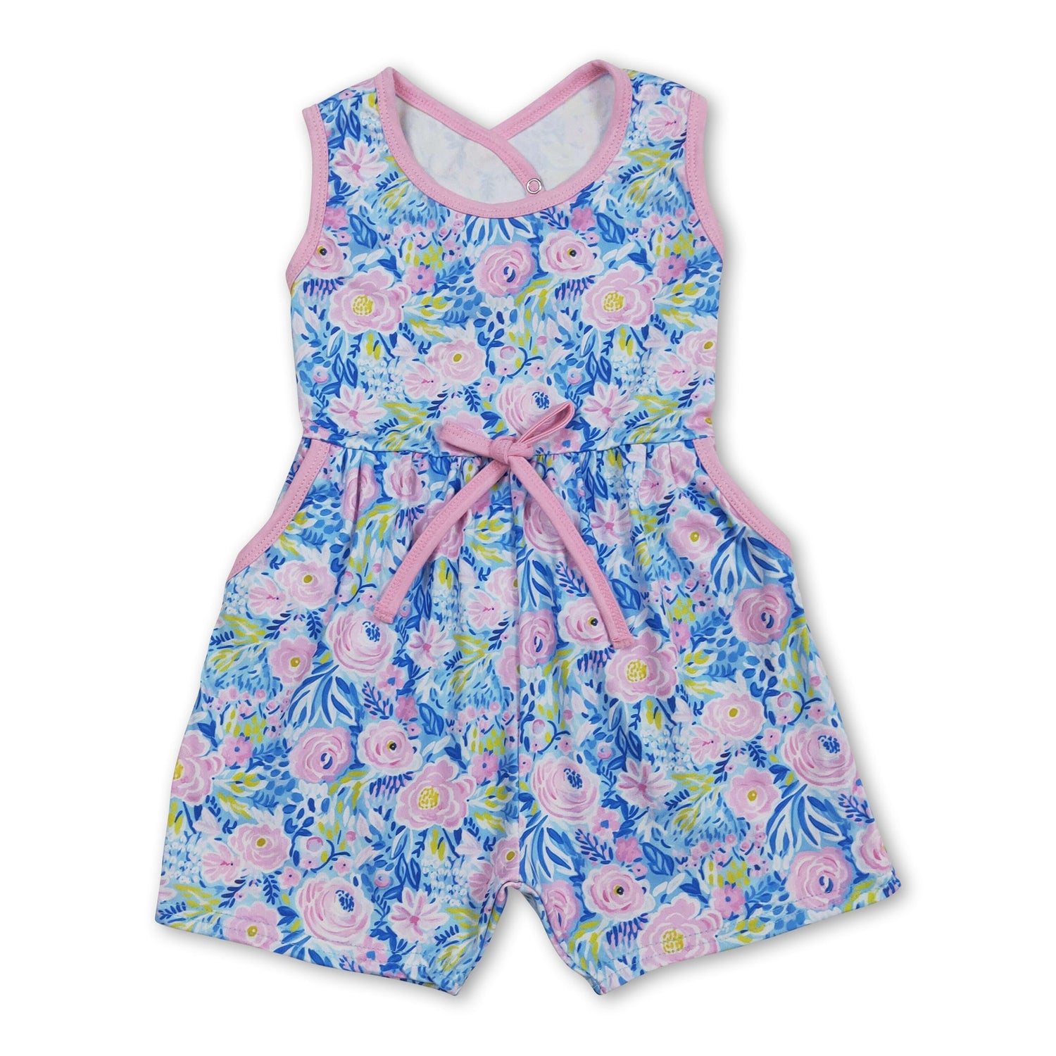 Sleeveless light blue floral baby girls summer jumpsuit