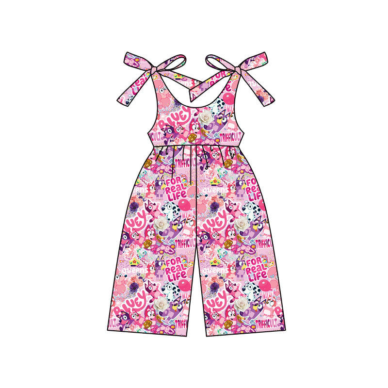 Straps pink floral dog bow kids girls summer jumpsuit