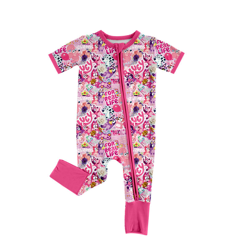 Short sleeves pink floral dog baby girls zipper romper