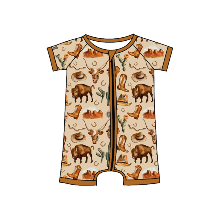 Short sleeves cows cactus baby boy western zipper romper