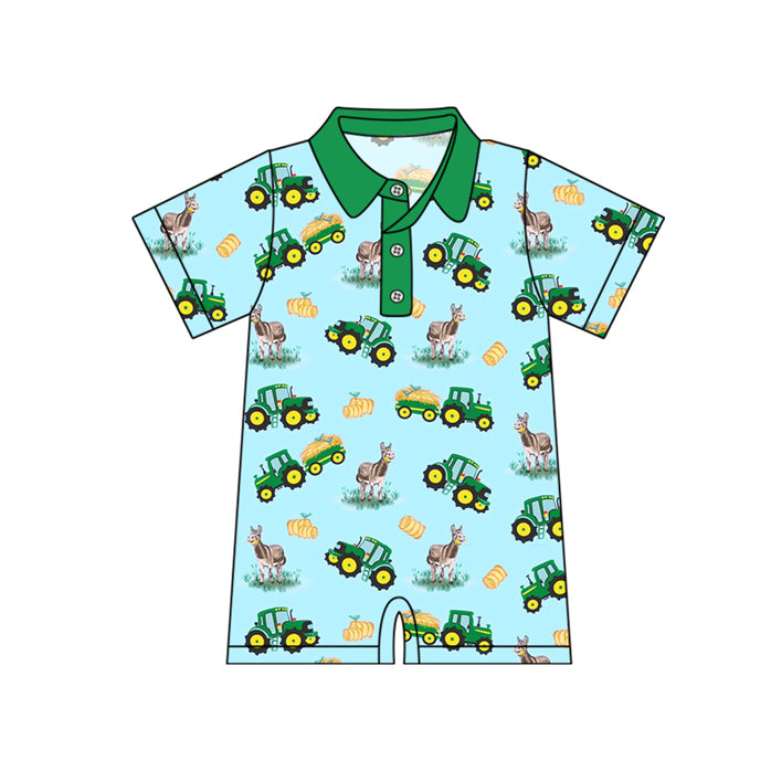 Short sleeves green tractor farm baby boy polo romper