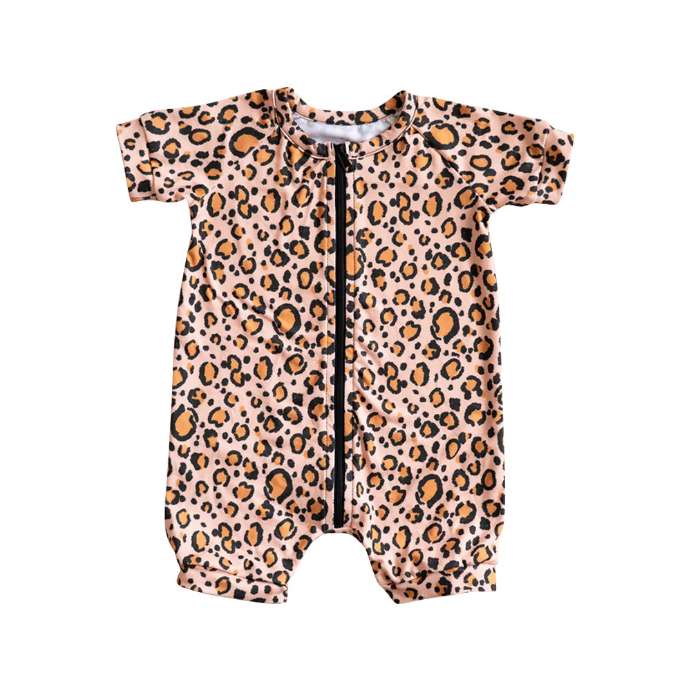 Short sleeves leopard baby girls summer zipper romper