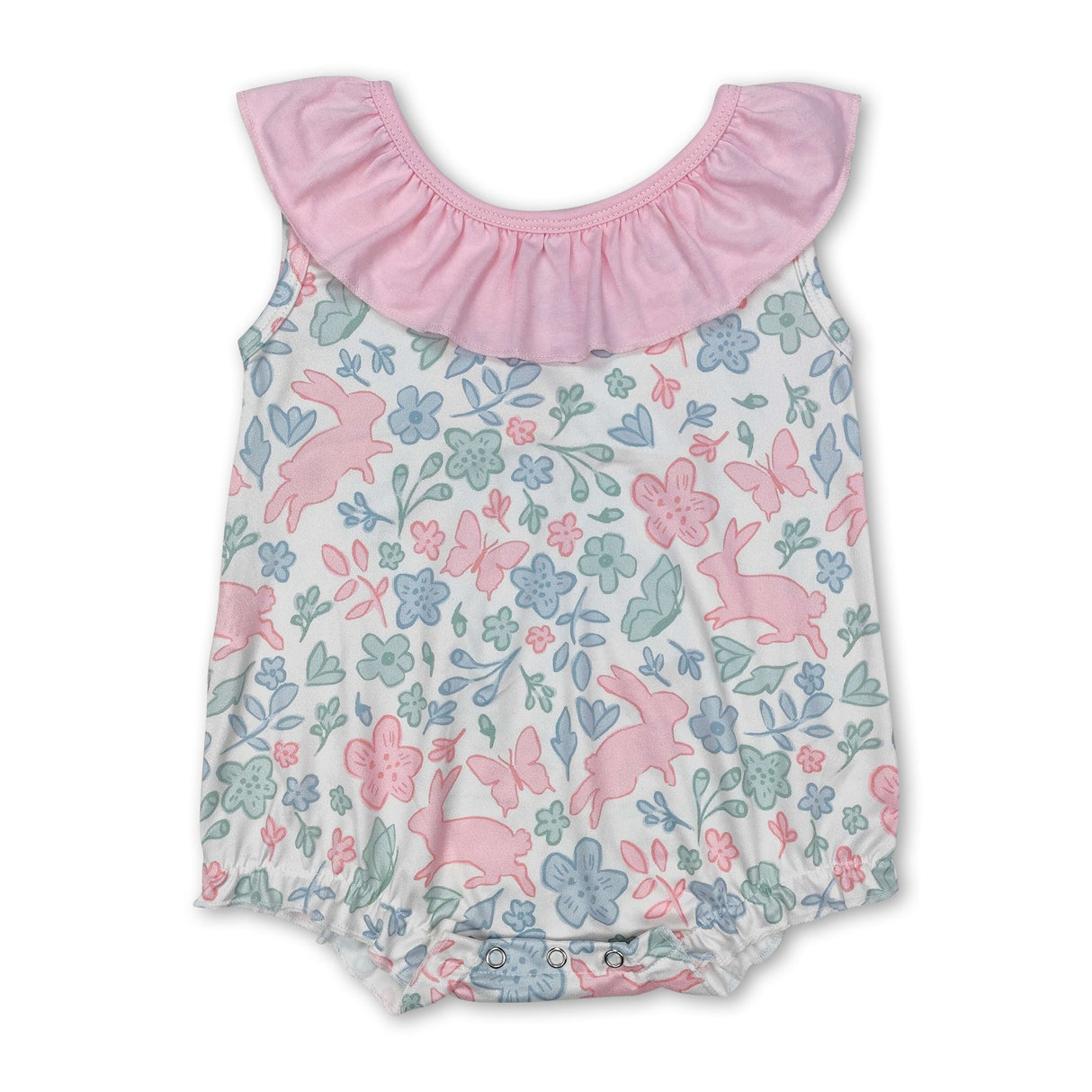 Sleeveless ruffle floral bunny baby girls Easter romper