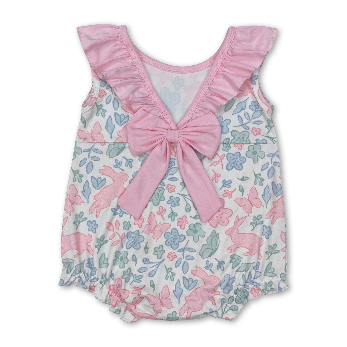 Sleeveless ruffle floral bunny baby girls Easter romper