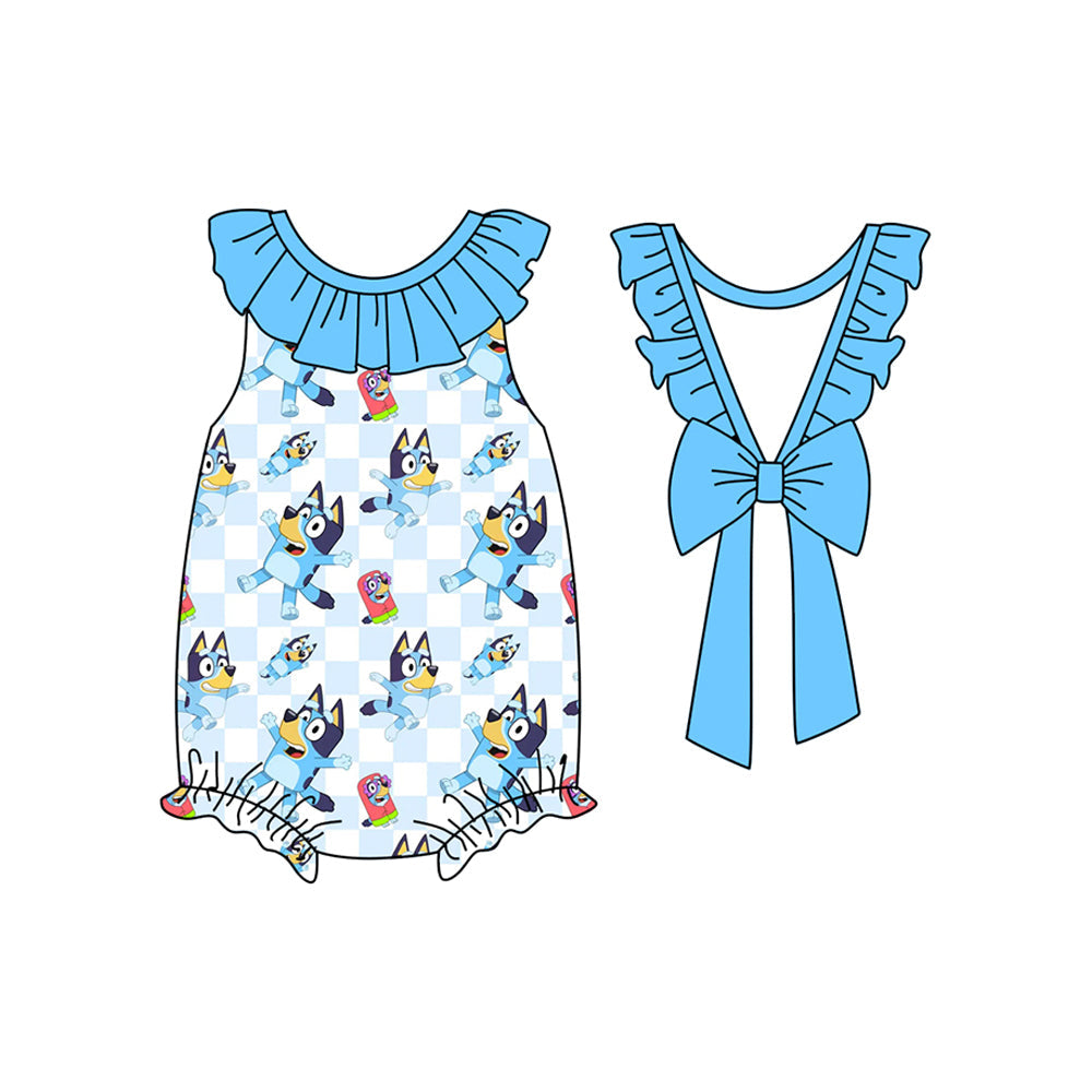 Blue ruffle plaid dog baby girls summer romper