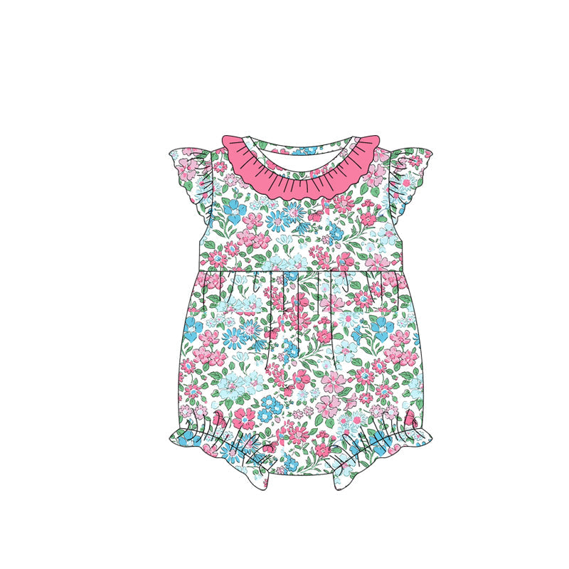 Pink ruffle flutter sleeves floral baby girls romper