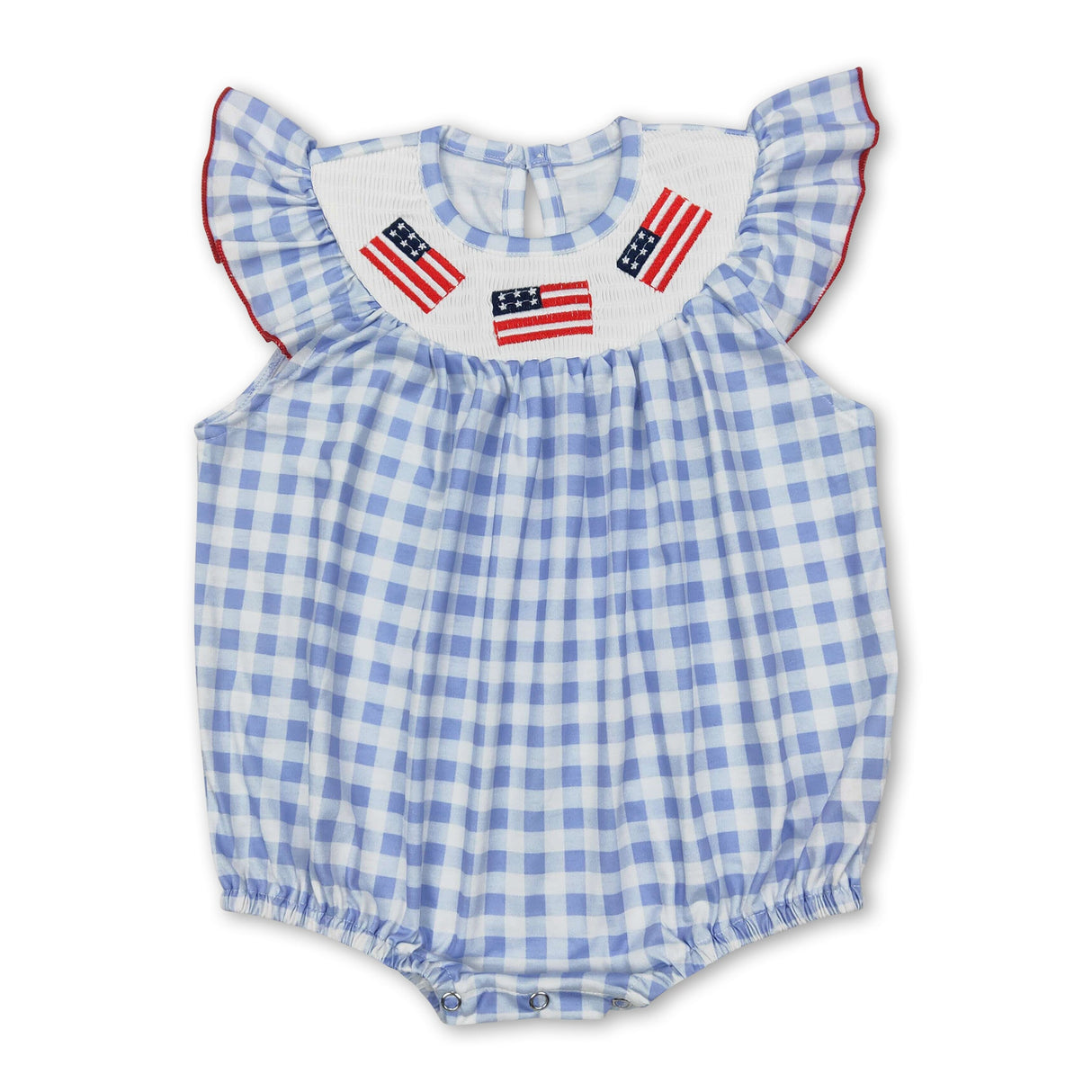 Light blue plaid flag smocked baby girls 4th of july romper