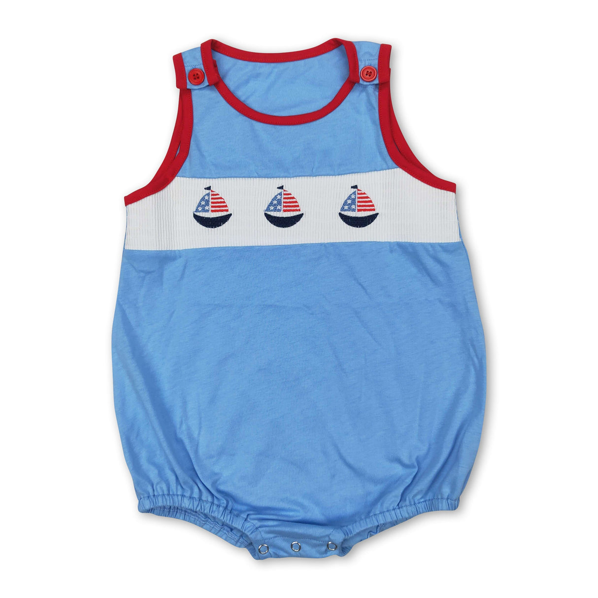 Light blue boat smocked baby boys 4th of july romper