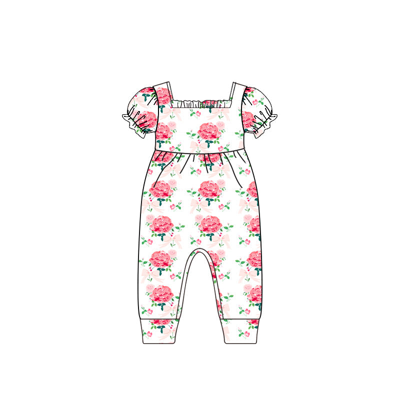 Short sleeves white pink floral baby girls spring romper