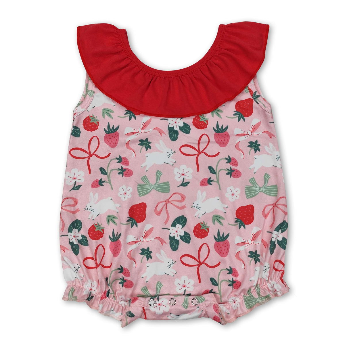 Sleeveless ruffle strawberry rabbit bow girls Easter romper