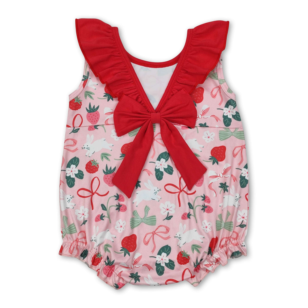 Sleeveless ruffle strawberry rabbit bow girls Easter romper