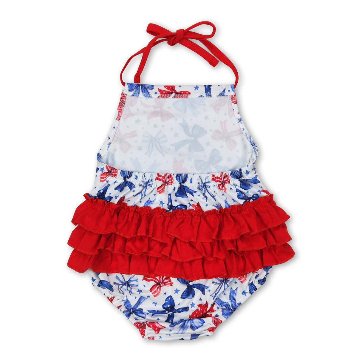 Red ruffle stars stripe bow halter baby 4th of july romper