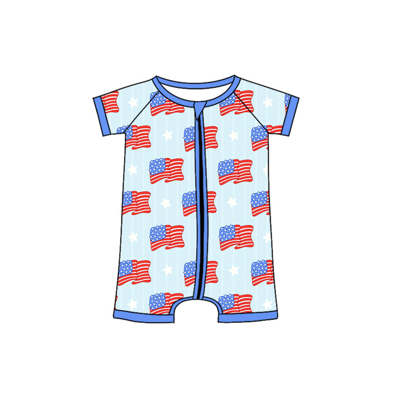 Short sleeves flag stars baby 4th of july zipper romper
