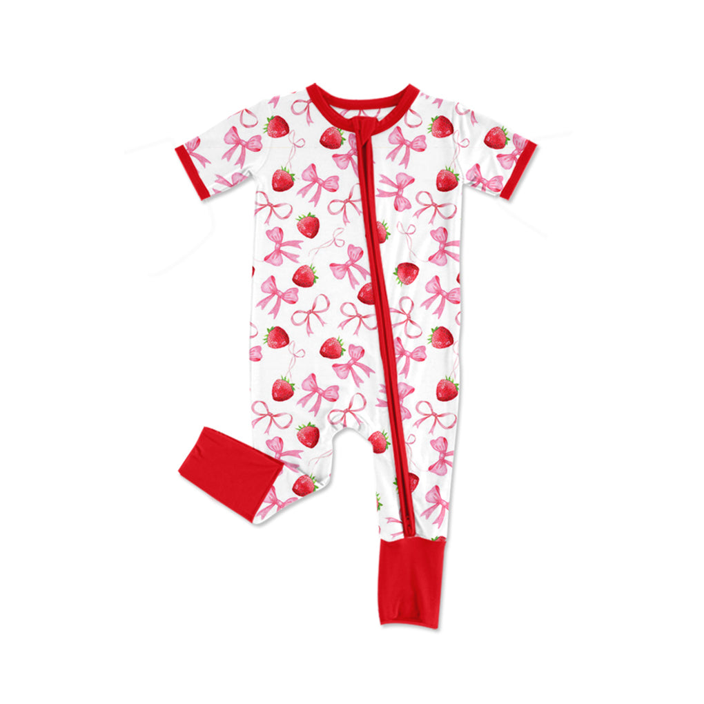 Short sleeves strawberry bow baby girls zipper romper