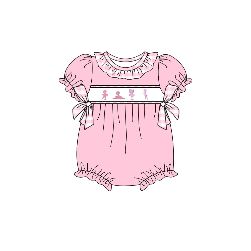 Pink short sleeves dance plaid bow baby girls romper
