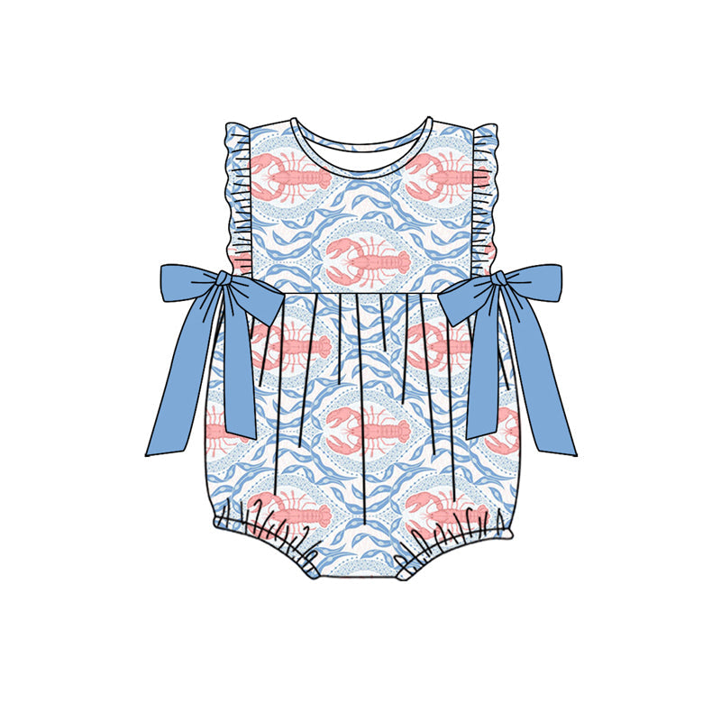 Light blue bow ruffle crawfish baby girls romper