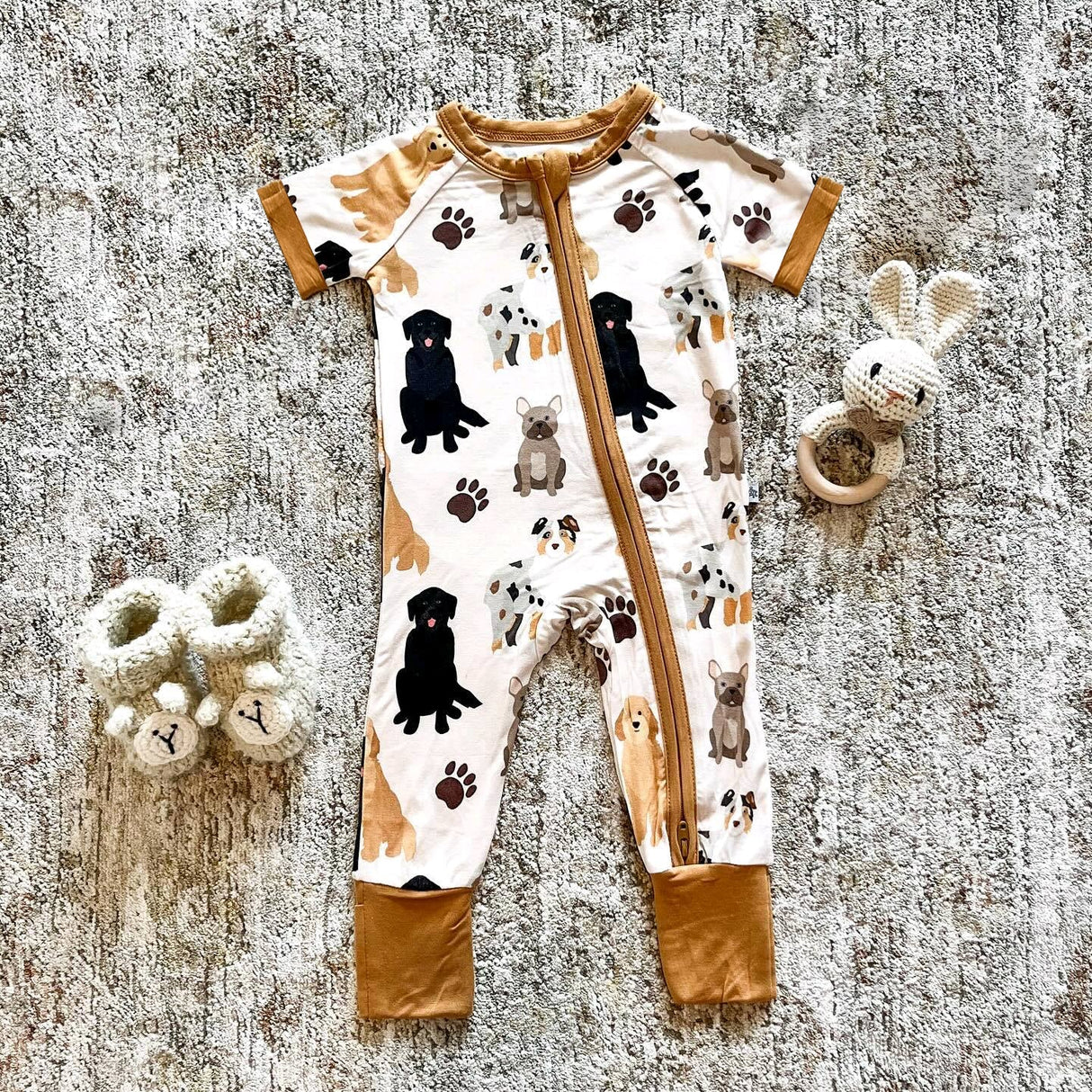Short sleeves dog baby boy zipper romper