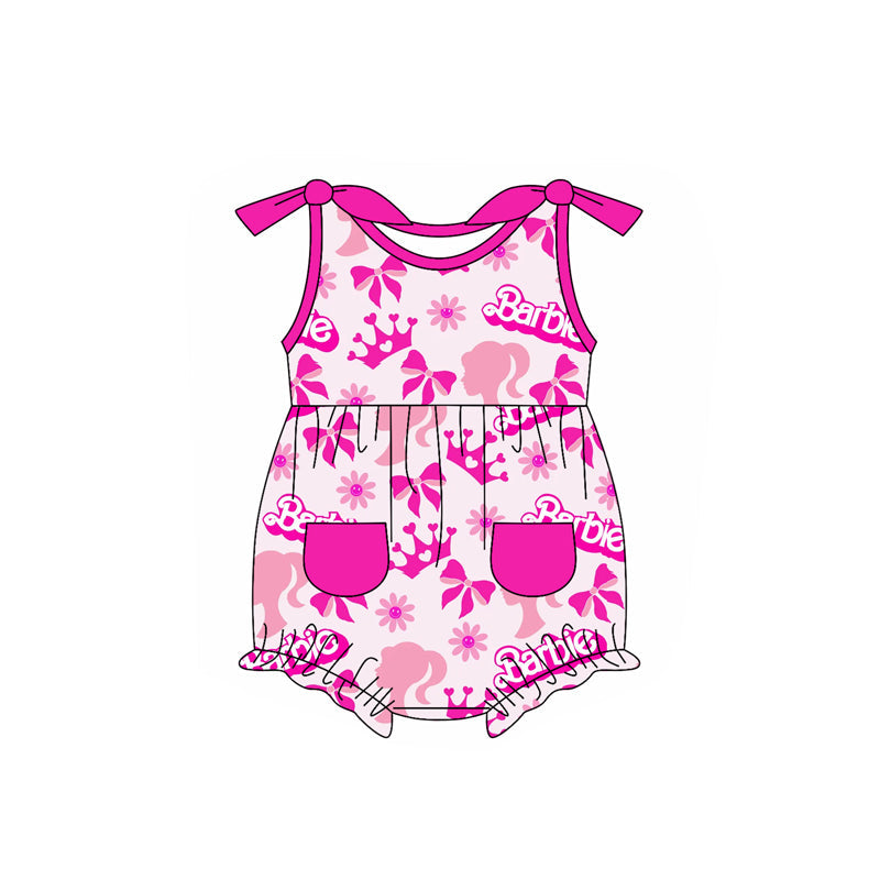 Sleeveless hot pink floral bow party baby girls romper