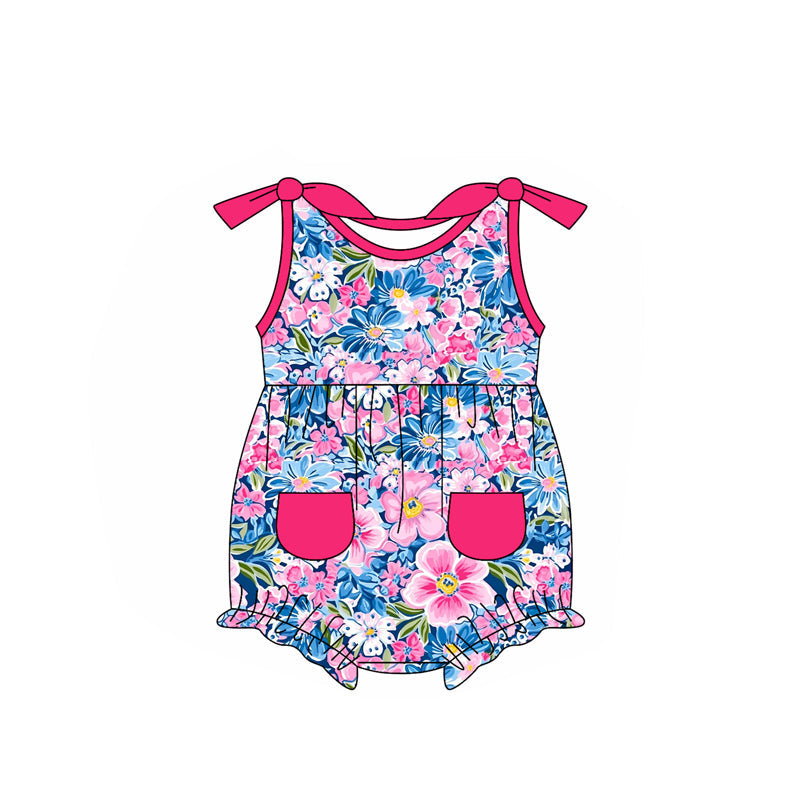 Sleeveless hot pink pockets floral bow baby girls romper