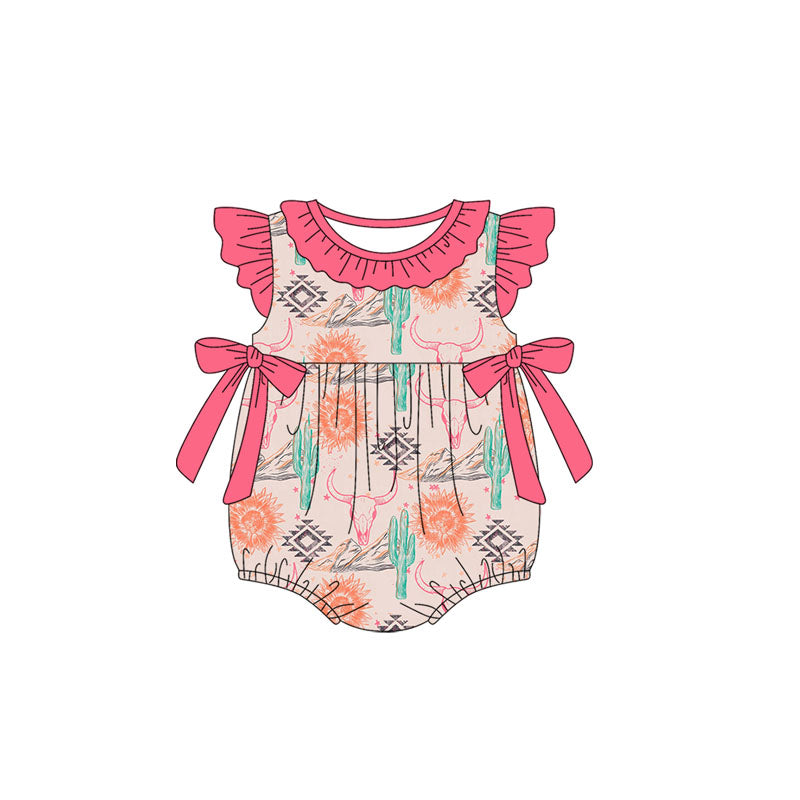 Flutter sleeves cactus bull skull western baby romper