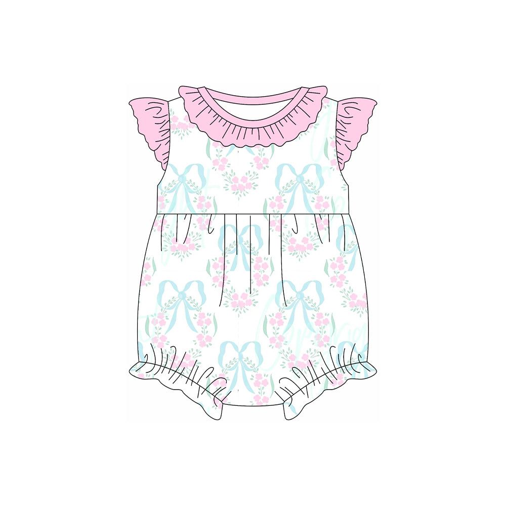 Pink flutter sleeves floral bow baby girls romper