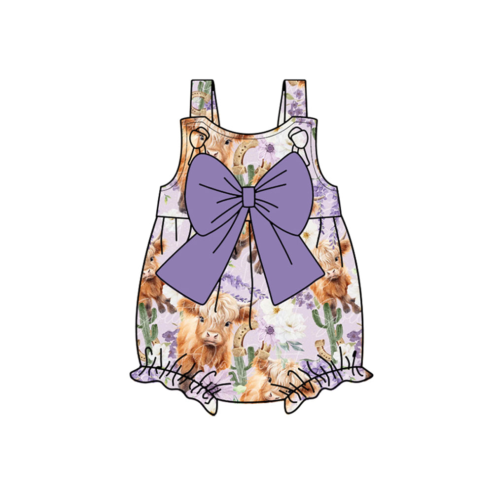 Purple bow straps highland cow cactus baby girls romper