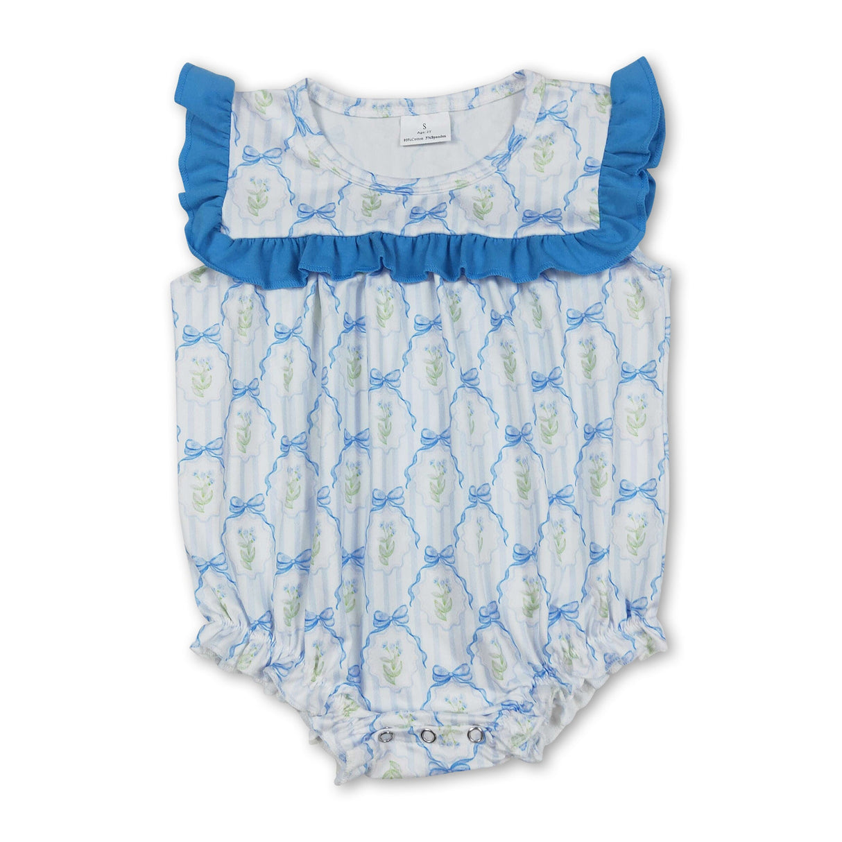 Blue ruffle floral bow stripe baby girls romper